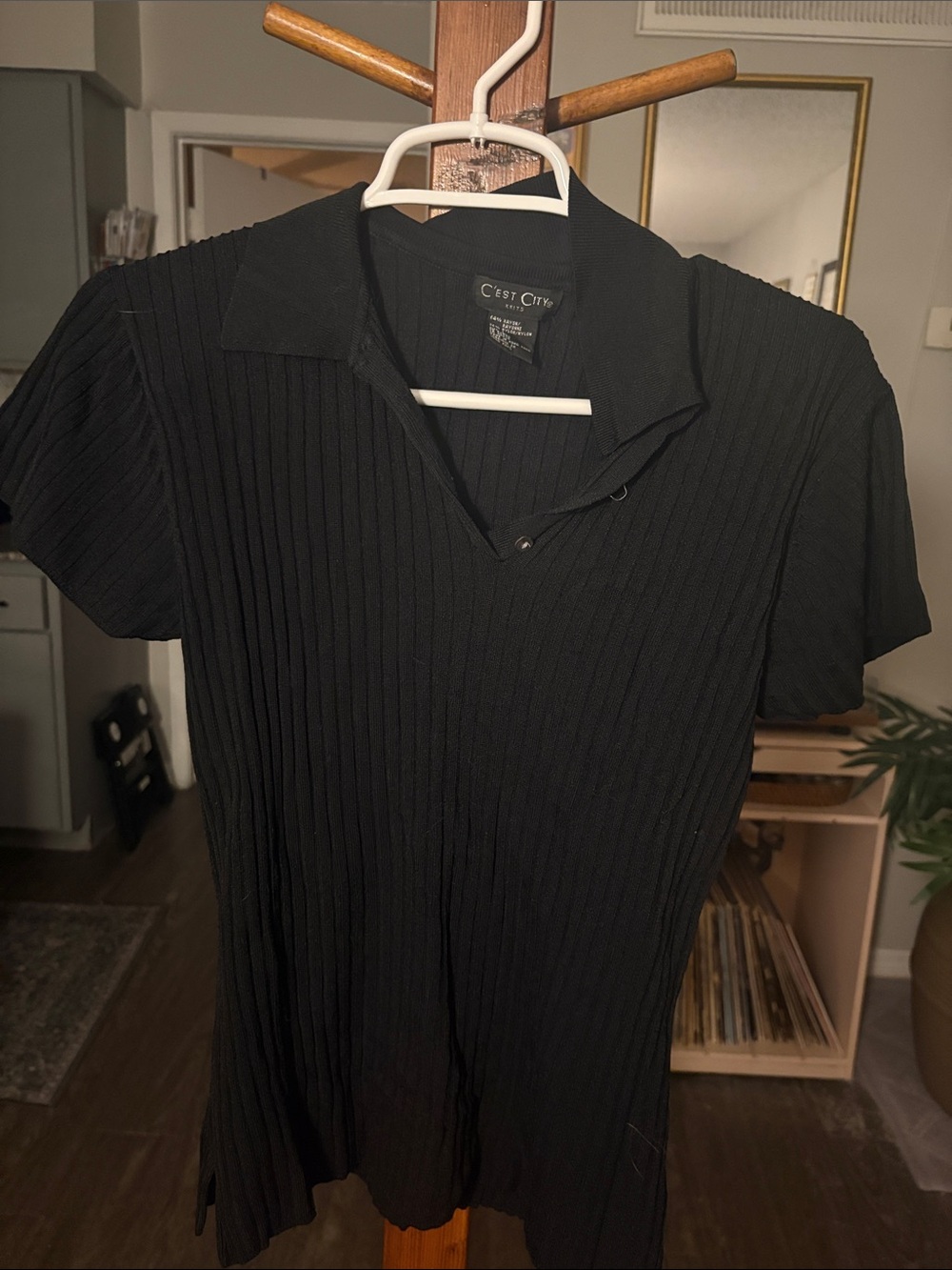Women's Black Ribbed Polo Top